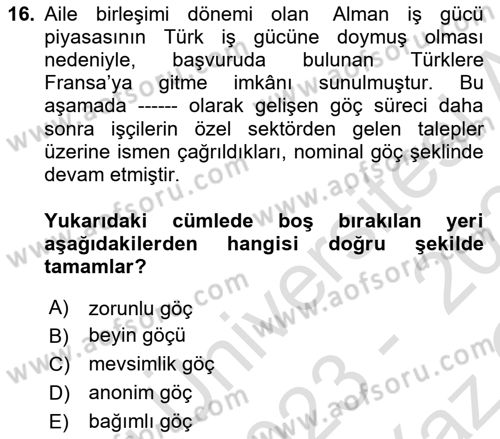 Göç Sosyolojisi Dersi 2023 - 2024 Yılı Yaz Okulu Sınav Soruları 16. Soru