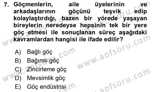 Göç Sosyolojisi Dersi 2023 - 2024 Yılı Yaz Okulu Sınav Soruları 7. Soru