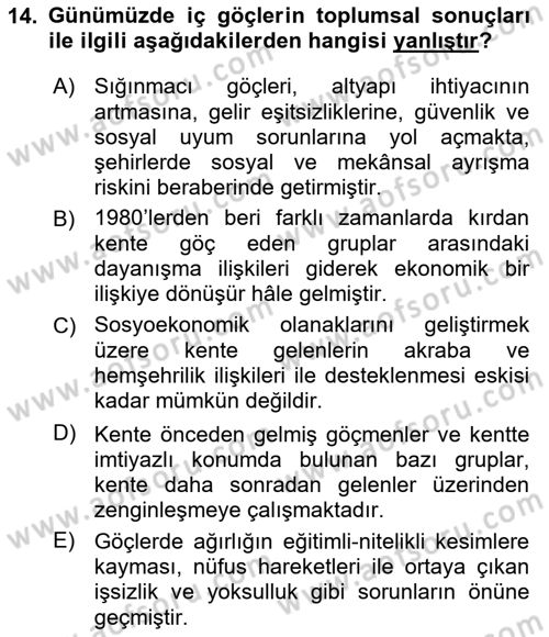Göç Sosyolojisi Dersi 2024 - 2025 Yılı (Vize) Ara Sınav Soruları 14. Soru