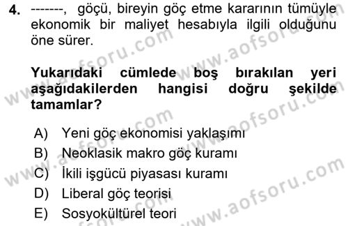 Göç Sosyolojisi Dersi 2024 - 2025 Yılı (Vize) Ara Sınav Soruları 4. Soru