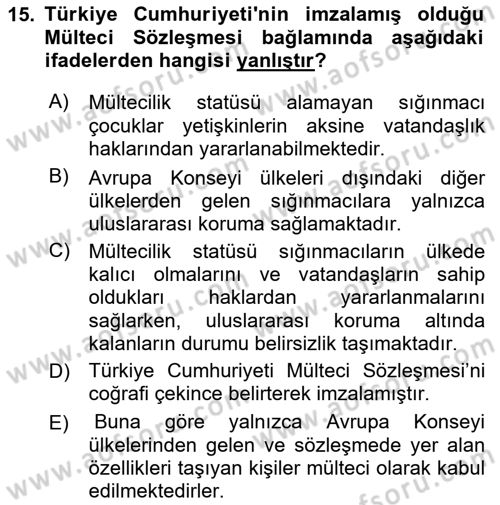 Göç Sosyolojisi Dersi 2024 - 2025 Yılı (Final) Dönem Sonu Sınav Soruları 15. Soru