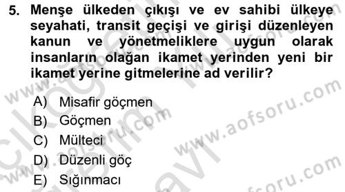 Göç Sosyolojisi Dersi 2024 - 2025 Yılı Yaz Okulu Sınav Soruları 5. Soru