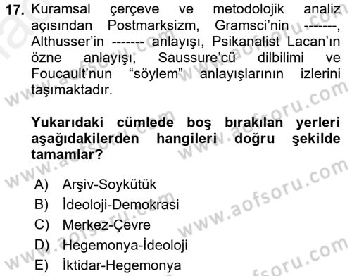 Çağdaş Sosyoloji Kuramları Dersi 2017 - 2018 Yılı 3 Ders Sınav Soruları 17. Soru