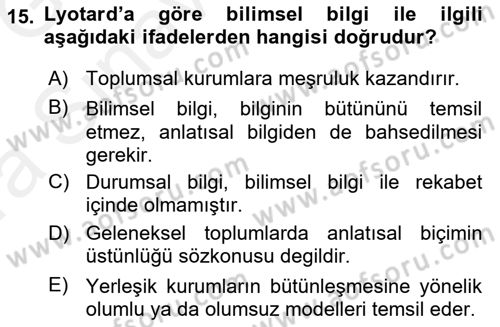 Çağdaş Sosyoloji Kuramları Dersi Ara Sınavı Deneme Sınav Soruları 15. Soru