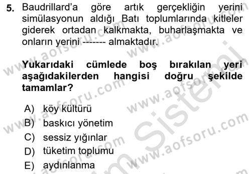 Çağdaş Sosyoloji Kuramları Dersi 2021 - 2022 Yılı (Final) Dönem Sonu Sınav Soruları 5. Soru