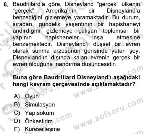 Çağdaş Sosyoloji Kuramları Dersi 2023 - 2024 Yılı (Final) Dönem Sonu Sınav Soruları 6. Soru