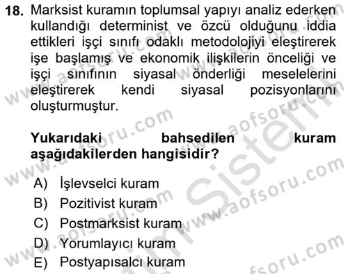 Çağdaş Sosyoloji Kuramları Dersi 2024 - 2025 Yılı Yaz Okulu Sınav Soruları 18. Soru