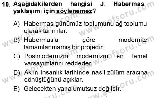 Sosyolojide Yakın Dönem Gelişmeler Dersi 2014 - 2015 Yılı (Vize) Ara Sınav Soruları 10. Soru