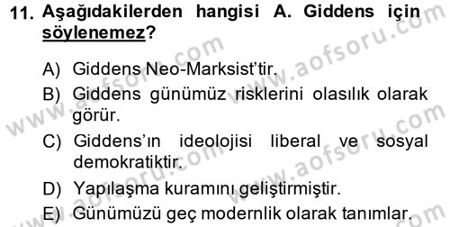 Sosyolojide Yakın Dönem Gelişmeler Dersi 2014 - 2015 Yılı (Vize) Ara Sınav Soruları 11. Soru