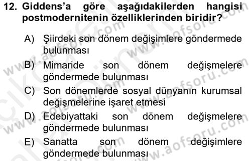 Sosyolojide Yakın Dönem Gelişmeler Dersi 2015 - 2016 Yılı (Vize) Ara Sınav Soruları 12. Soru