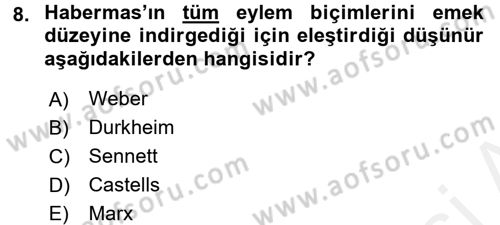 Sosyolojide Yakın Dönem Gelişmeler Dersi 2015 - 2016 Yılı (Vize) Ara Sınav Soruları 8. Soru