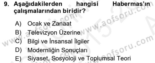 Sosyolojide Yakın Dönem Gelişmeler Dersi 2015 - 2016 Yılı (Vize) Ara Sınav Soruları 9. Soru