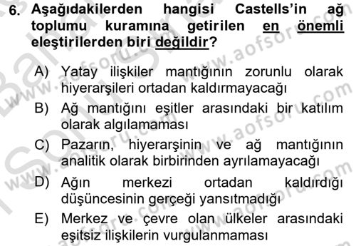 Sosyolojide Yakın Dönem Gelişmeler Dersi 2015 - 2016 Yılı (Final) Dönem Sonu Sınav Soruları 6. Soru