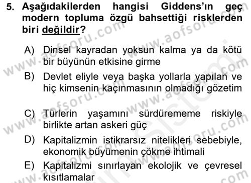 Sosyolojide Yakın Dönem Gelişmeler Dersi 2015 - 2016 Yılı Tek Ders Sınav Soruları 5. Soru