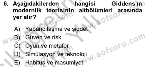 Sosyolojide Yakın Dönem Gelişmeler Dersi 2016 - 2017 Yılı 3 Ders Sınav Soruları 6. Soru