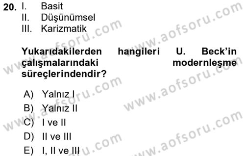 Sosyolojide Yakın Dönem Gelişmeler Dersi 2016 - 2017 Yılı (Vize) Ara Sınav Soruları 20. Soru