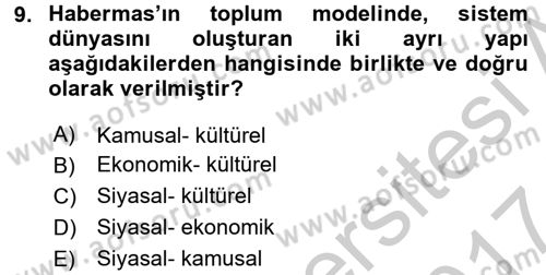 Sosyolojide Yakın Dönem Gelişmeler Dersi 2016 - 2017 Yılı (Vize) Ara Sınav Soruları 9. Soru