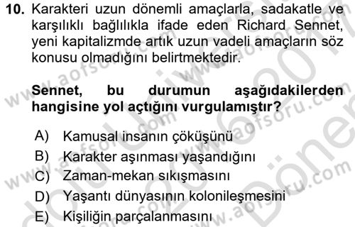 Sosyolojide Yakın Dönem Gelişmeler Dersi 2016 - 2017 Yılı (Final) Dönem Sonu Sınav Soruları 10. Soru