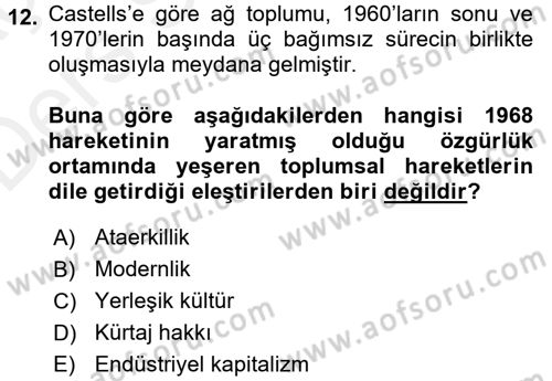 Sosyolojide Yakın Dönem Gelişmeler Dersi 2017 - 2018 Yılı 3 Ders Sınav Soruları 12. Soru