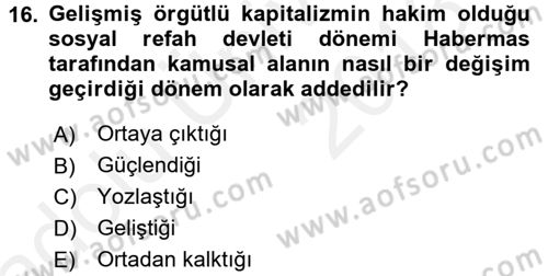 Sosyolojide Yakın Dönem Gelişmeler Dersi 2017 - 2018 Yılı 3 Ders Sınav Soruları 16. Soru