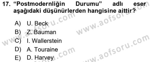 Sosyolojide Yakın Dönem Gelişmeler Dersi 2017 - 2018 Yılı 3 Ders Sınav Soruları 17. Soru