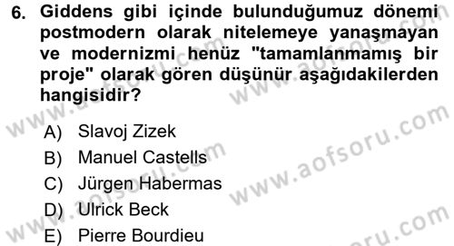 Sosyolojide Yakın Dönem Gelişmeler Dersi 2017 - 2018 Yılı 3 Ders Sınav Soruları 6. Soru