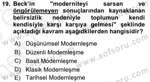 Sosyolojide Yakın Dönem Gelişmeler Dersi 2017 - 2018 Yılı (Vize) Ara Sınav Soruları 19. Soru