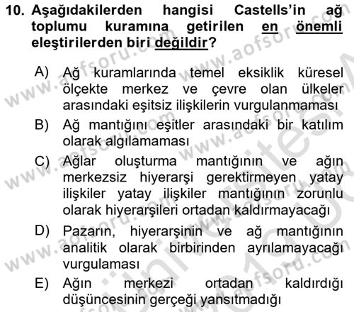 Sosyolojide Yakın Dönem Gelişmeler Dersi 2018 - 2019 Yılı 3 Ders Sınav Soruları 10. Soru