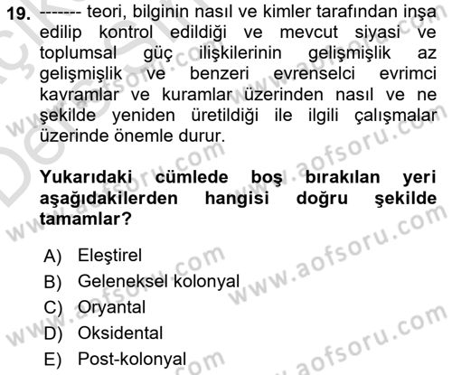 Sosyolojide Yakın Dönem Gelişmeler Dersi 2018 - 2019 Yılı 3 Ders Sınav Soruları 19. Soru