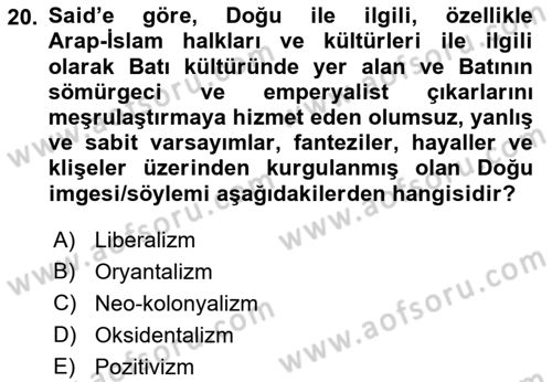 Sosyolojide Yakın Dönem Gelişmeler Dersi 2018 - 2019 Yılı 3 Ders Sınav Soruları 20. Soru