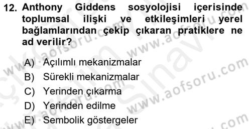 Sosyolojide Yakın Dönem Gelişmeler Dersi 2018 - 2019 Yılı (Vize) Ara Sınav Soruları 12. Soru