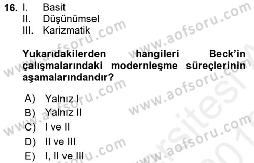 Sosyolojide Yakın Dönem Gelişmeler Dersi 2018 - 2019 Yılı (Vize) Ara Sınav Soruları 16. Soru