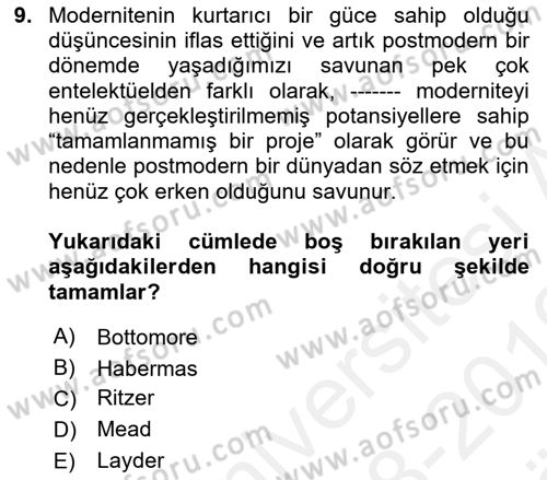 Sosyolojide Yakın Dönem Gelişmeler Dersi 2018 - 2019 Yılı (Vize) Ara Sınav Soruları 9. Soru
