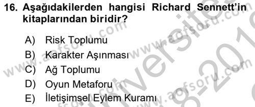 Sosyolojide Yakın Dönem Gelişmeler Dersi 2018 - 2019 Yılı Yaz Okulu Sınav Soruları 16. Soru