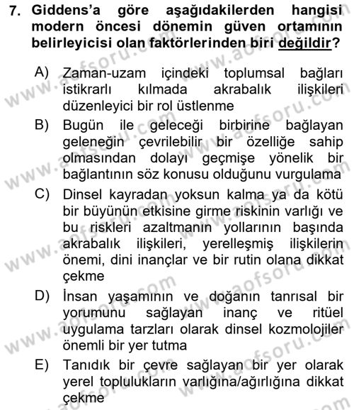 Sosyolojide Yakın Dönem Gelişmeler Dersi 2018 - 2019 Yılı Yaz Okulu Sınav Soruları 7. Soru