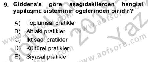 Sosyolojide Yakın Dönem Gelişmeler Dersi 2018 - 2019 Yılı Yaz Okulu Sınav Soruları 9. Soru