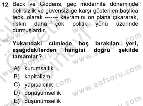 Sosyolojide Yakın Dönem Gelişmeler Dersi 2020 - 2021 Yılı Yaz Okulu Sınavı 12. Soru