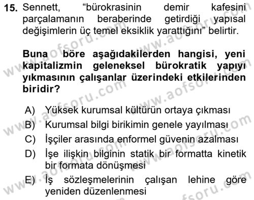 Sosyolojide Yakın Dönem Gelişmeler Dersi 2020 - 2021 Yılı Yaz Okulu Sınav Soruları 15. Soru