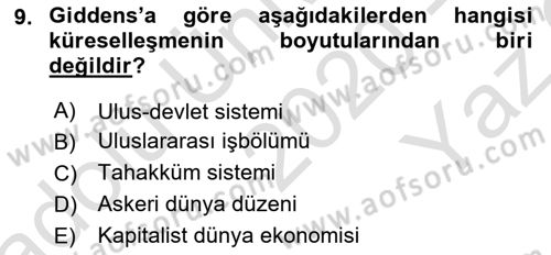 Sosyolojide Yakın Dönem Gelişmeler Dersi 2020 - 2021 Yılı Yaz Okulu Sınav Soruları 9. Soru