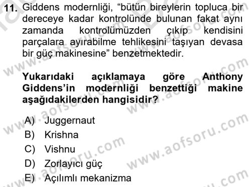Sosyolojide Yakın Dönem Gelişmeler Dersi 2021 - 2022 Yılı (Vize) Ara Sınav Soruları 11. Soru