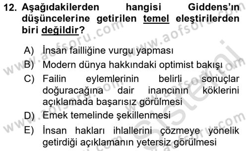 Sosyolojide Yakın Dönem Gelişmeler Dersi 2021 - 2022 Yılı (Vize) Ara Sınav Soruları 12. Soru
