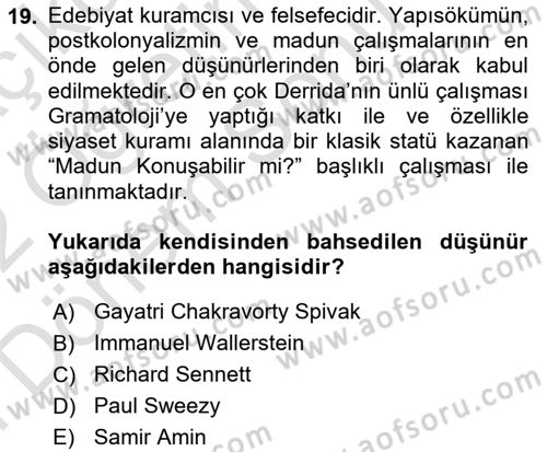 Sosyolojide Yakın Dönem Gelişmeler Dersi 2021 - 2022 Yılı (Final) Dönem Sonu Sınav Soruları 19. Soru