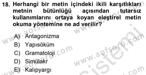 Sosyolojide Yakın Dönem Gelişmeler Dersi 2021 - 2022 Yılı Yaz Okulu Sınavı 18. Soru