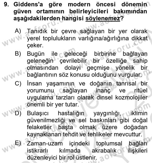 Sosyolojide Yakın Dönem Gelişmeler Dersi 2023 - 2024 Yılı Yaz Okulu Sınav Soruları 9. Soru