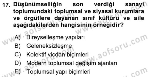 Sosyolojide Yakın Dönem Gelişmeler Dersi 2024 - 2025 Yılı (Vize) Ara Sınav Soruları 17. Soru