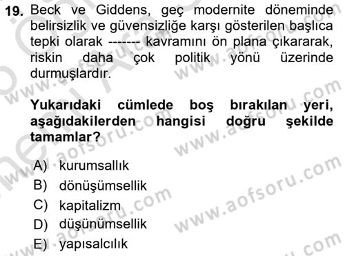 Sosyolojide Yakın Dönem Gelişmeler Dersi 2024 - 2025 Yılı (Vize) Ara Sınav Soruları 19. Soru