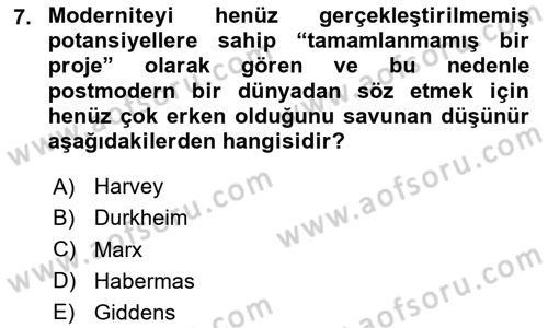 Sosyolojide Yakın Dönem Gelişmeler Dersi 2024 - 2025 Yılı (Vize) Ara Sınav Soruları 7. Soru