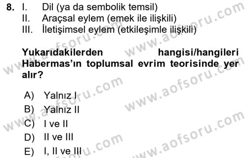 Sosyolojide Yakın Dönem Gelişmeler Dersi 2024 - 2025 Yılı (Vize) Ara Sınav Soruları 8. Soru