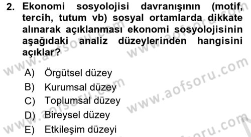 Ekonomi Sosyolojisi Dersi Ara Sınavı Deneme Sınav Soruları 2. Soru