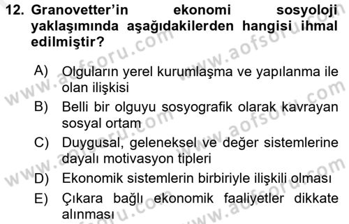 Ekonomi Sosyolojisi Dersi 2018 - 2019 Yılı (Final) Dönem Sonu Sınav Soruları 12. Soru